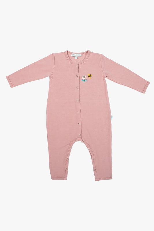 Bebek Çıtçıtlı Tulum Pudra Pembe - Pamuklu Arı Nakışlı 0-24 Ay