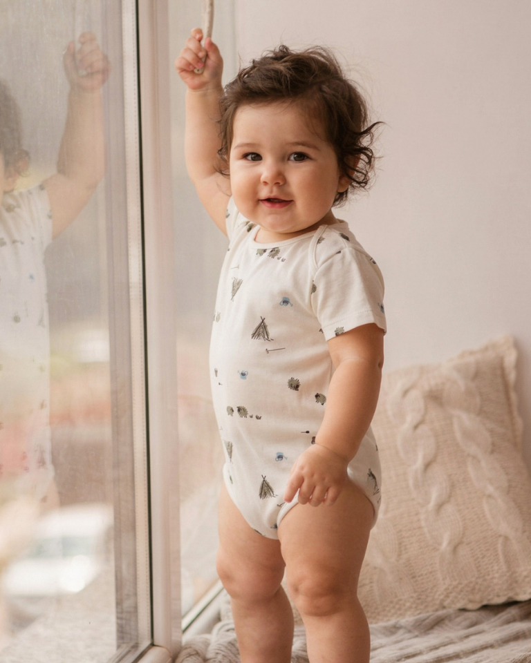 Bebek Kısa Kol Çıtçıtlı Zıbın Kuzu Baskılı Body