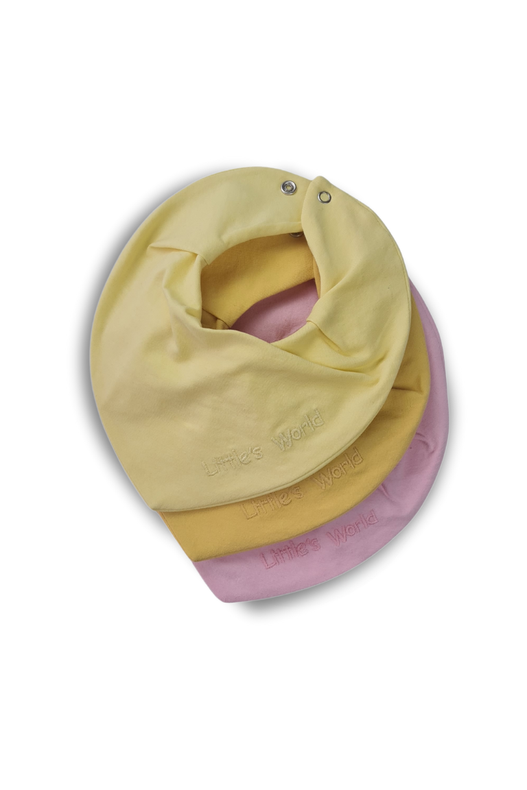 3'lü  Premium Su Geçirmez Bandana Önlük Set | Cilt Dostu Penye & YKK Çıtçıt Little's World Nakışlı Mimoza,Light Yellow ,Pink