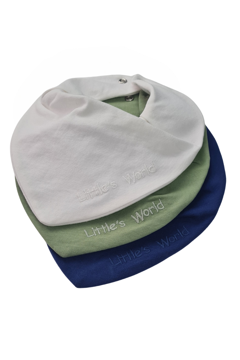 3'lü  Premium Su Geçirmez Bandana Önlük Set | Cilt Dostu Penye & YKK Çıtçıt Little's World Nakışlı Lacivert,Yeşil,Ekru