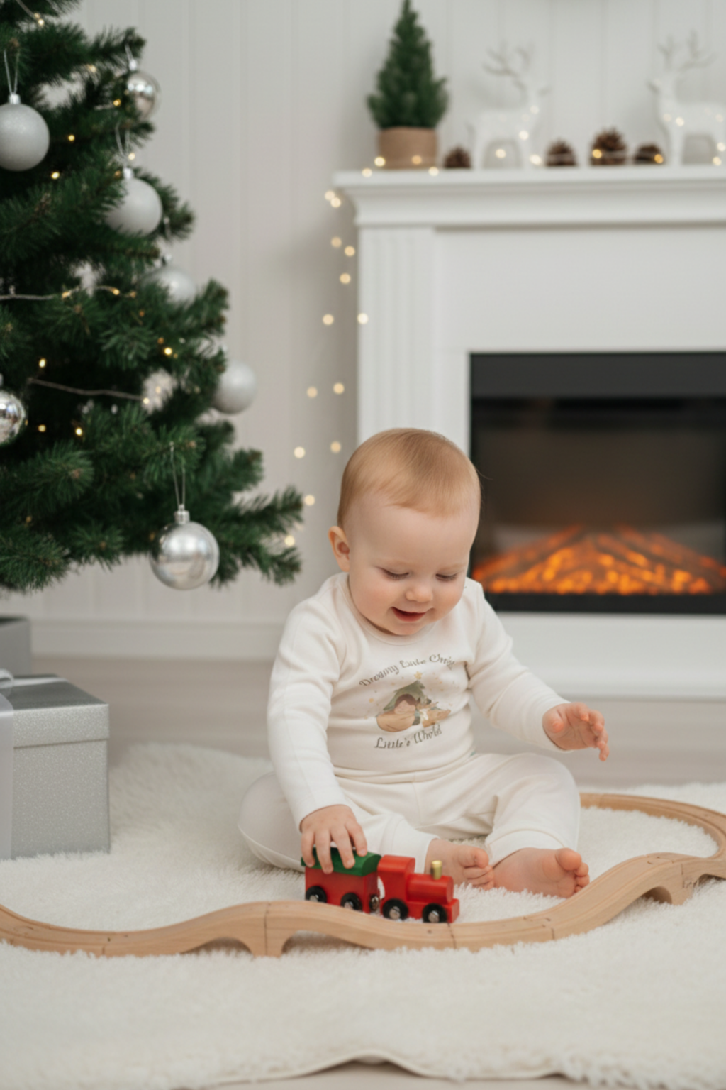 Yılbaşı konseptli ekru bebek kıyafeti - kullanım görünümü