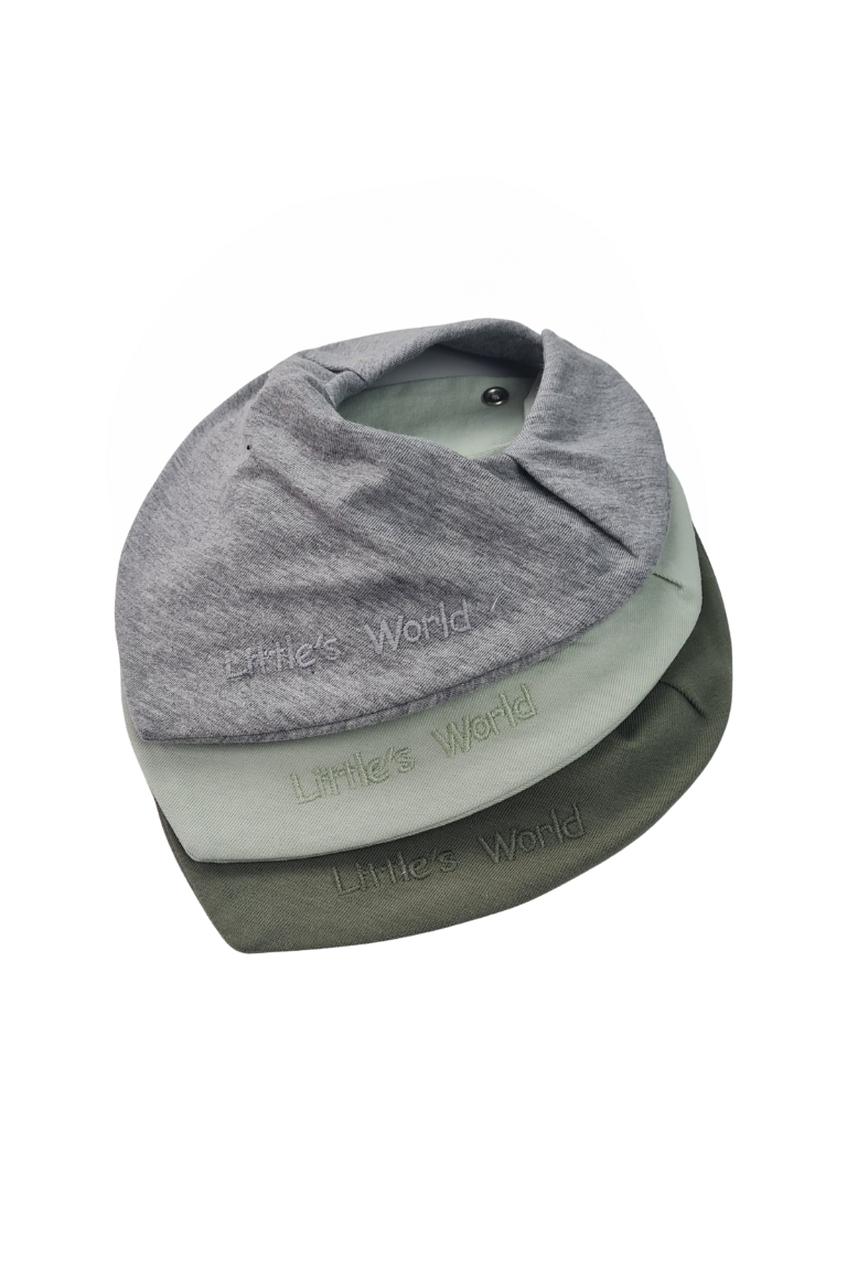 3'lü  Premium Su Geçirmez Bandana Önlük Set | Cilt Dostu Penye & YKK Çıtçıt Little's World Nakışlı Gey Melanje,Mint,Haki