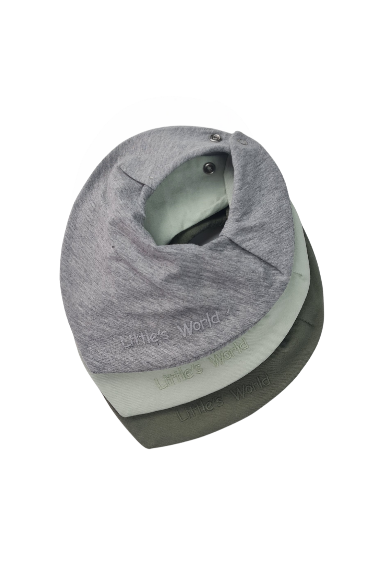 3'lü  Premium Su Geçirmez Bandana Önlük Set | Cilt Dostu Penye & YKK Çıtçıt Little's World Nakışlı Gey Melanje,Mint,Haki