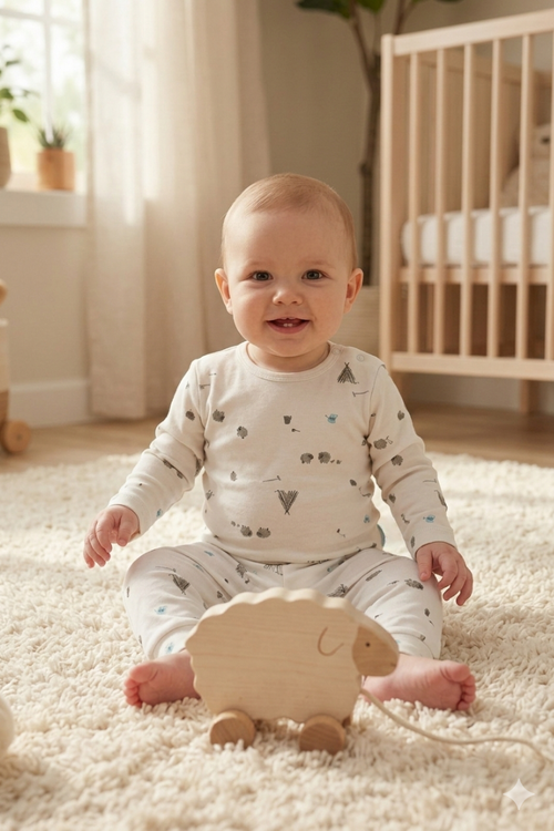 4 'lü  Bebek Pamuklu Pijama Takımı  Göl Mavisi ve Minik Kuzu