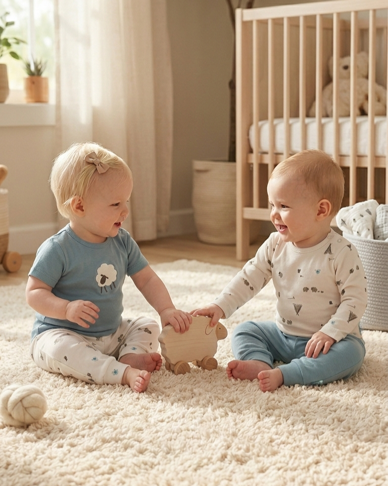 4 'lü  Bebek Pamuklu Pijama Takımı  Göl Mavisi ve Minik Kuzu