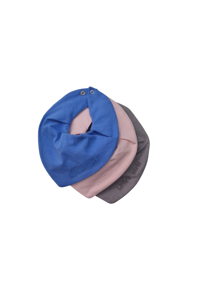 3'lü  Premium Su Geçirmez Bandana Önlük Set | Cilt Dostu Penye & YKK Çıtçıt Little's World Nakışlı Pembe ,Gri, Mavi