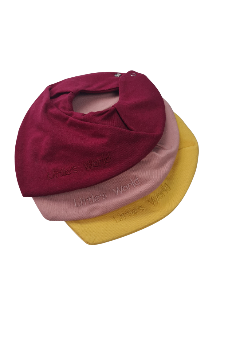 3'lü  Premium Su Geçirmez Bandana Önlük Set | Cilt Dostu Penye & YKK Çıtçıt Little's World Nakışlı Yellow,Dusty Pink,Bordo