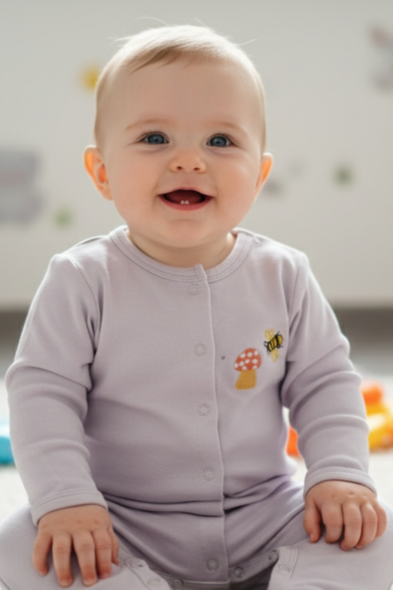 Bebek Çıtçıtlı Tulum Lavanta Grisi - Pamuklu Arı Nakışlı 0-24 Ay