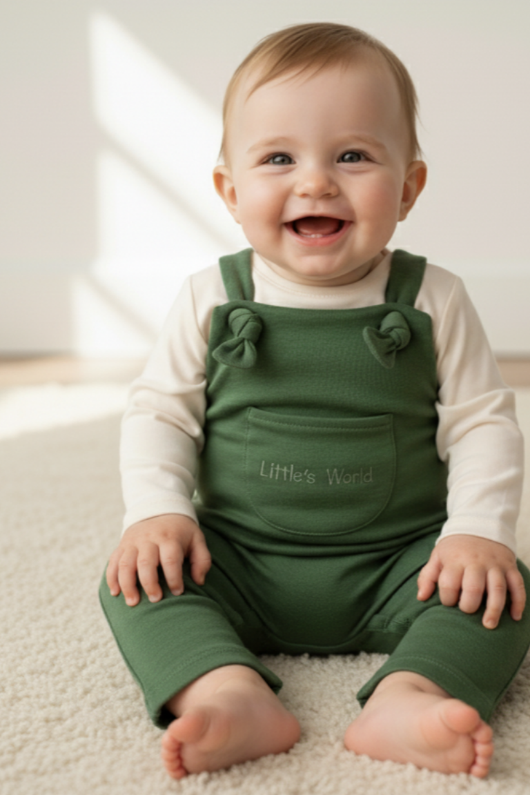 İlikli Bebek Salopet Yeşil - %100 Pamuklu Tulum 0-24 Ay | Little's World