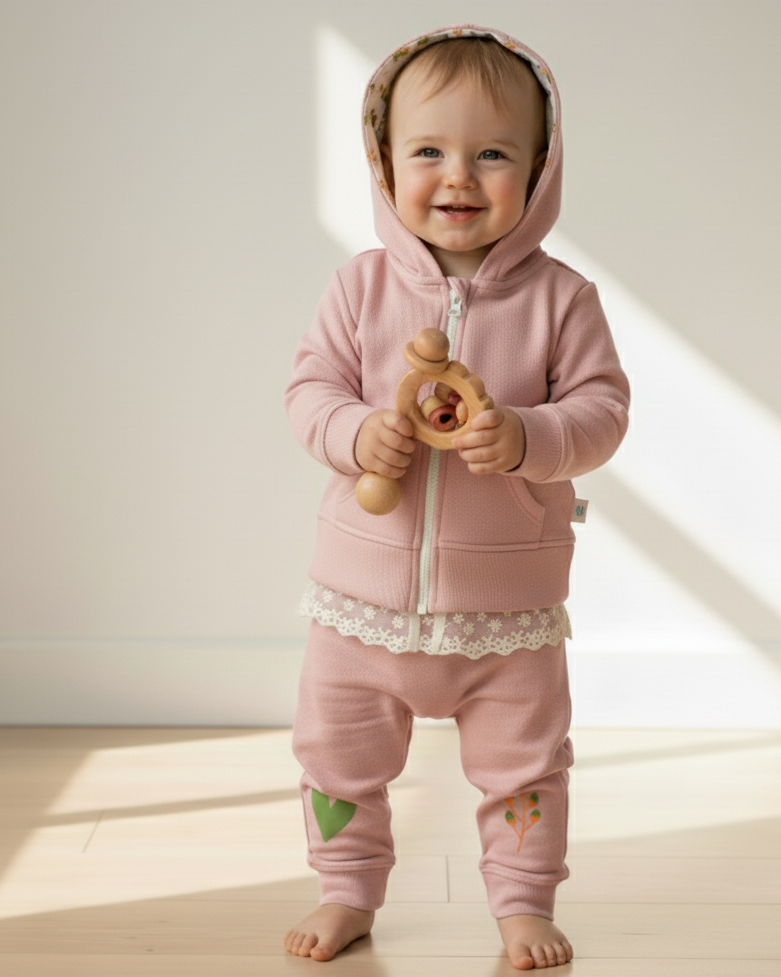 Dantel detaylı pudra pembe bebek hoodie takımı - ön görünüm