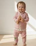 Dantel detaylı pudra pembe bebek hoodie takımı - ön görünüm