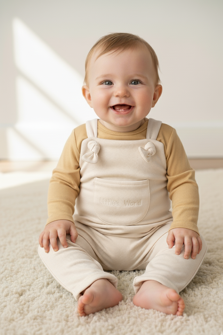 İlikli Bebek Salopet Krem - Pamuklu Tulum 0-24 Ay | Little's World