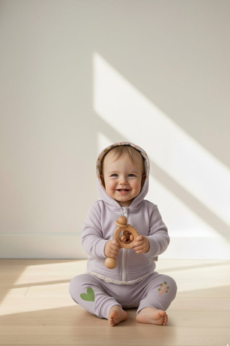 Dantel detaylı lavanta grisi bebek hoodie takımı - ön görünüm