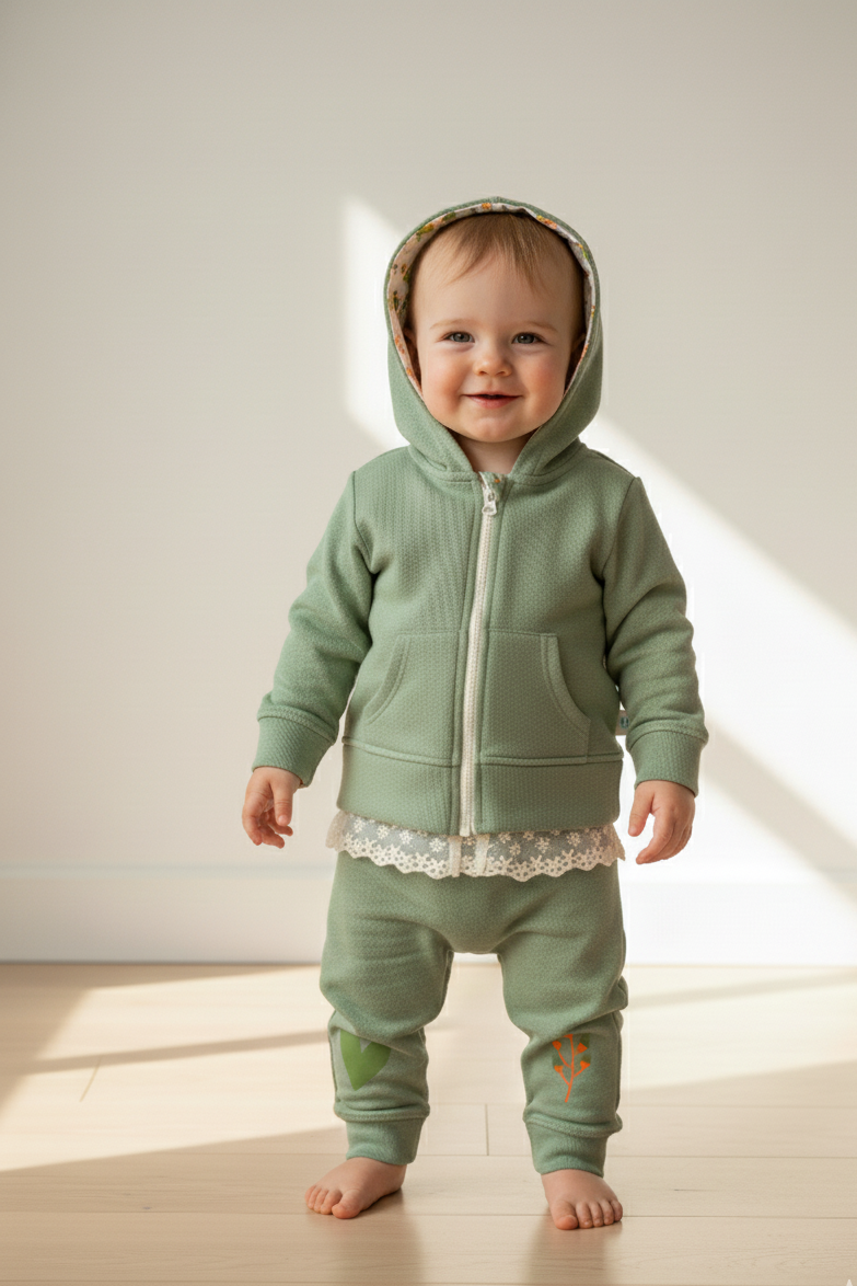 Dantel detaylı mint yeşil bebek hoodie takımı - ön görünüm