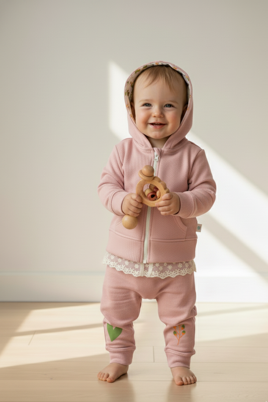 Dantel detaylı pudra pembe bebek hoodie takımı - ön görünüm