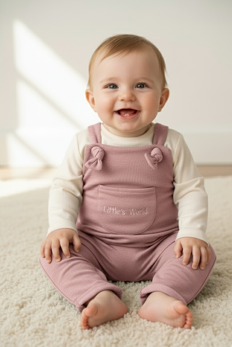 İlikli Bebek Salopet Pudra - Pamuklu Tulum 0-24 Ay | Little's World