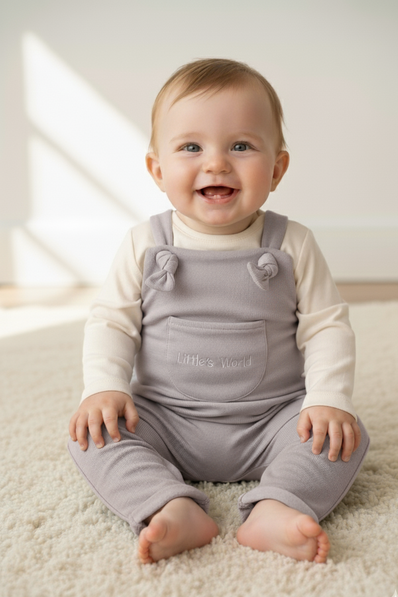 İlikli Bebek Salopet Lavanta Grisi - Pamuklu Tulum 0-24 Ay | Little's World