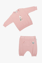 Kuş desenli pudra bebek kıyafeti - takım görünüm
