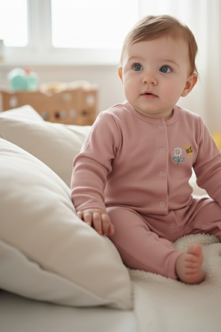 Bebek Çıtçıtlı Tulum Pudra Pembe - Pamuklu Arı Nakışlı 0-24 Ay